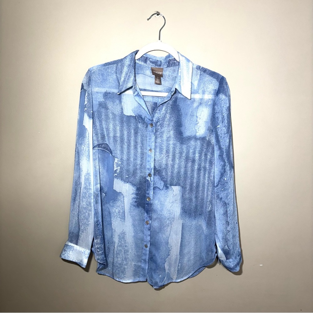 Chico’s Blue Watercolor Button-Up Blouse Long Sleeve Size 1 US 8 Career Coastal